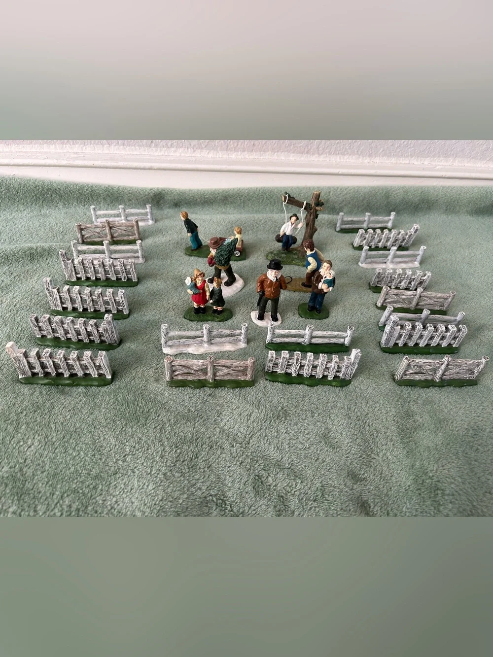 Folk Art picket fence grass snow people swing village accessory Christmas lot